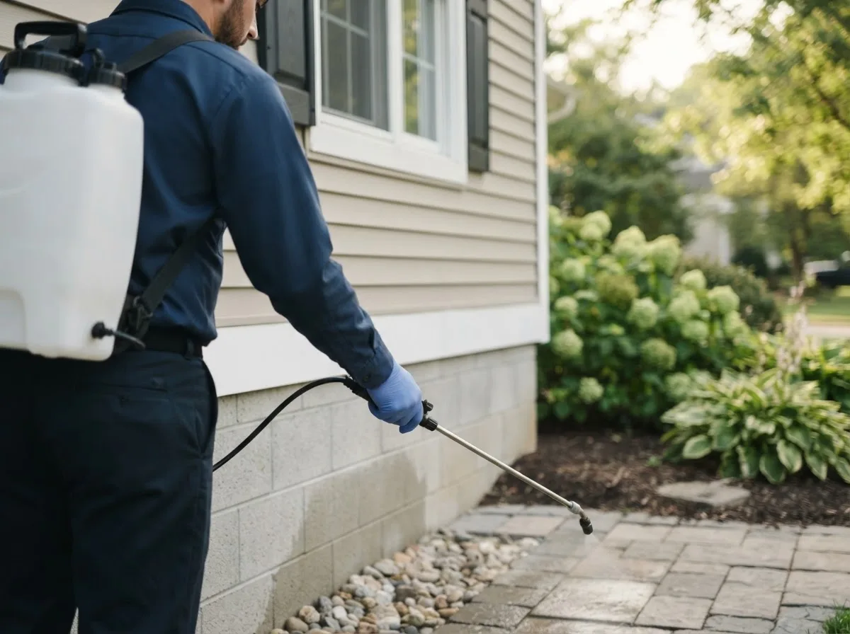Pest control technician inspecting a home in Elkhorn, WI